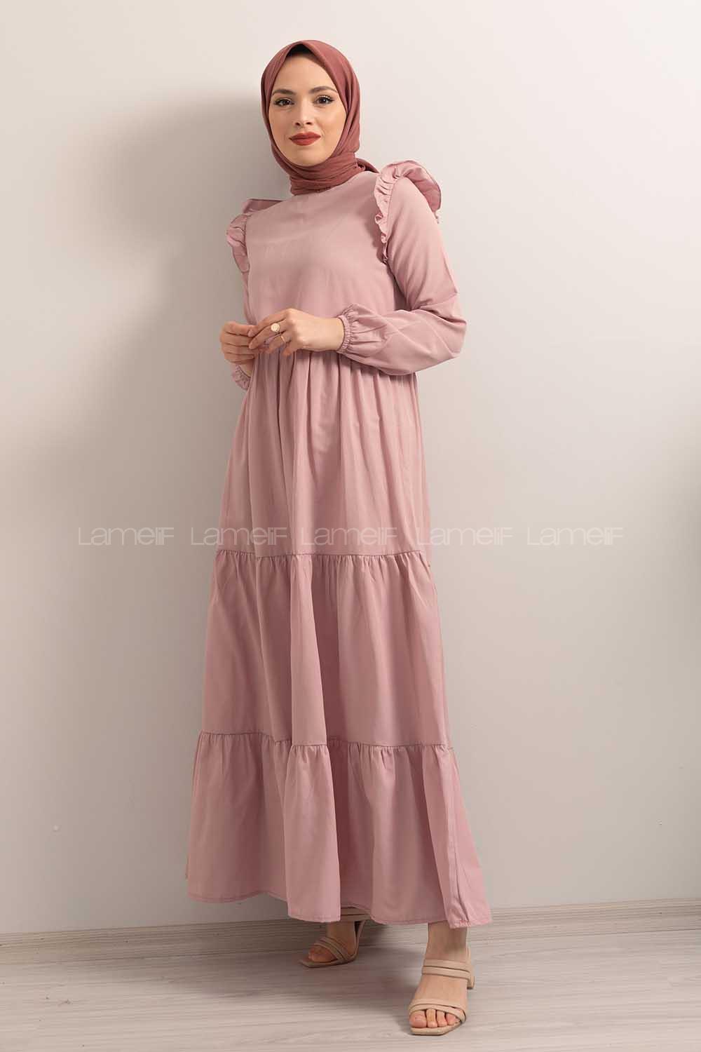 Modalamelif  Kol Lastikli Omuz Fırfırlı Elbise Pudra