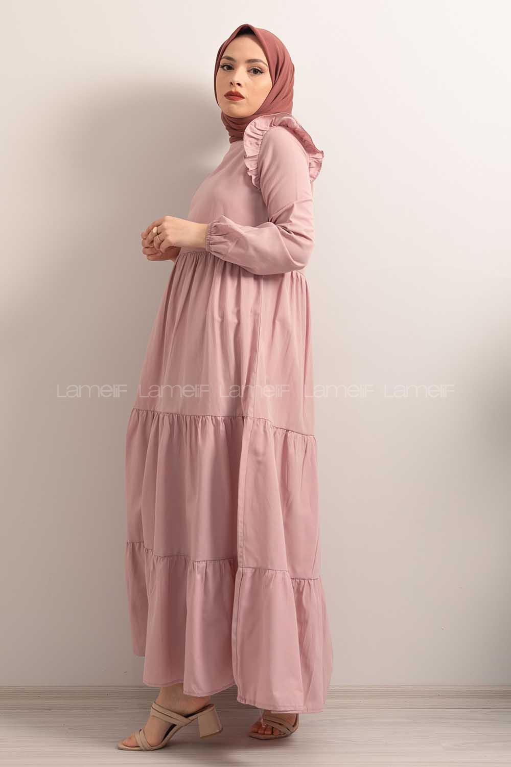 Modalamelif  Kol Lastikli Omuz Fırfırlı Elbise Pudra