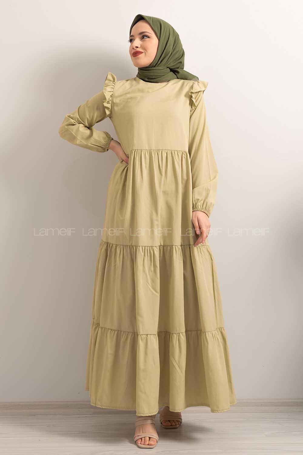 Modalamelif  Kol Lastikli Omuz Fırfırlı Elbise Yağ Yeşili