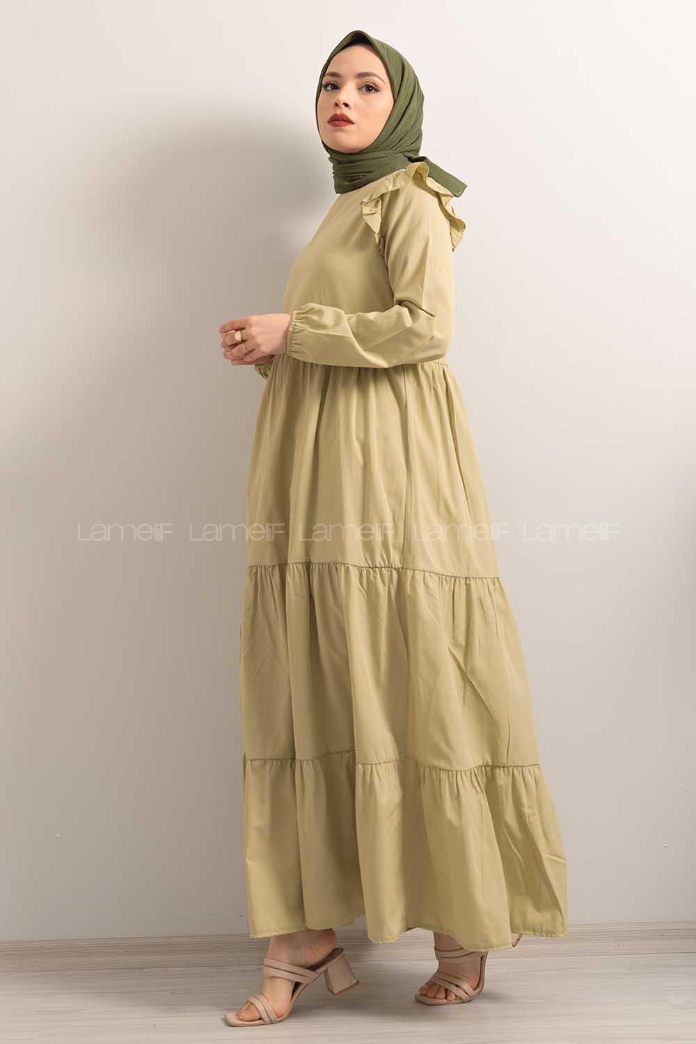 Modalamelif  Kol Lastikli Omuz Fırfırlı Elbise Yağ Yeşili
