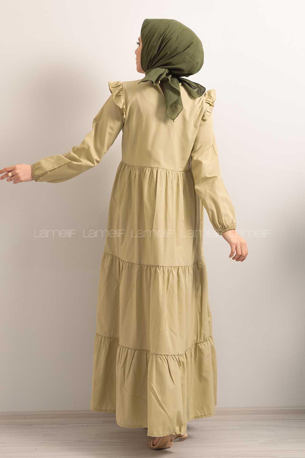 Modalamelif  Kol Lastikli Omuz Fırfırlı Elbise Yağ Yeşili