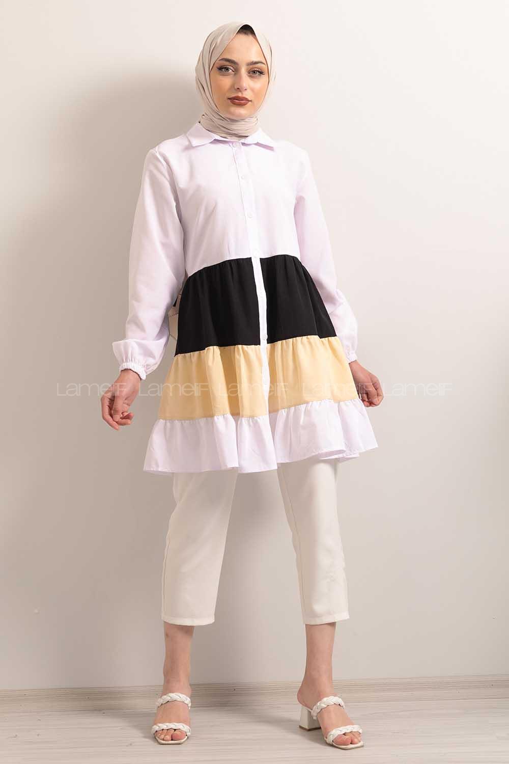 Modalamelif  Önü Düğmeli Renk Garnili Tunik Ekru