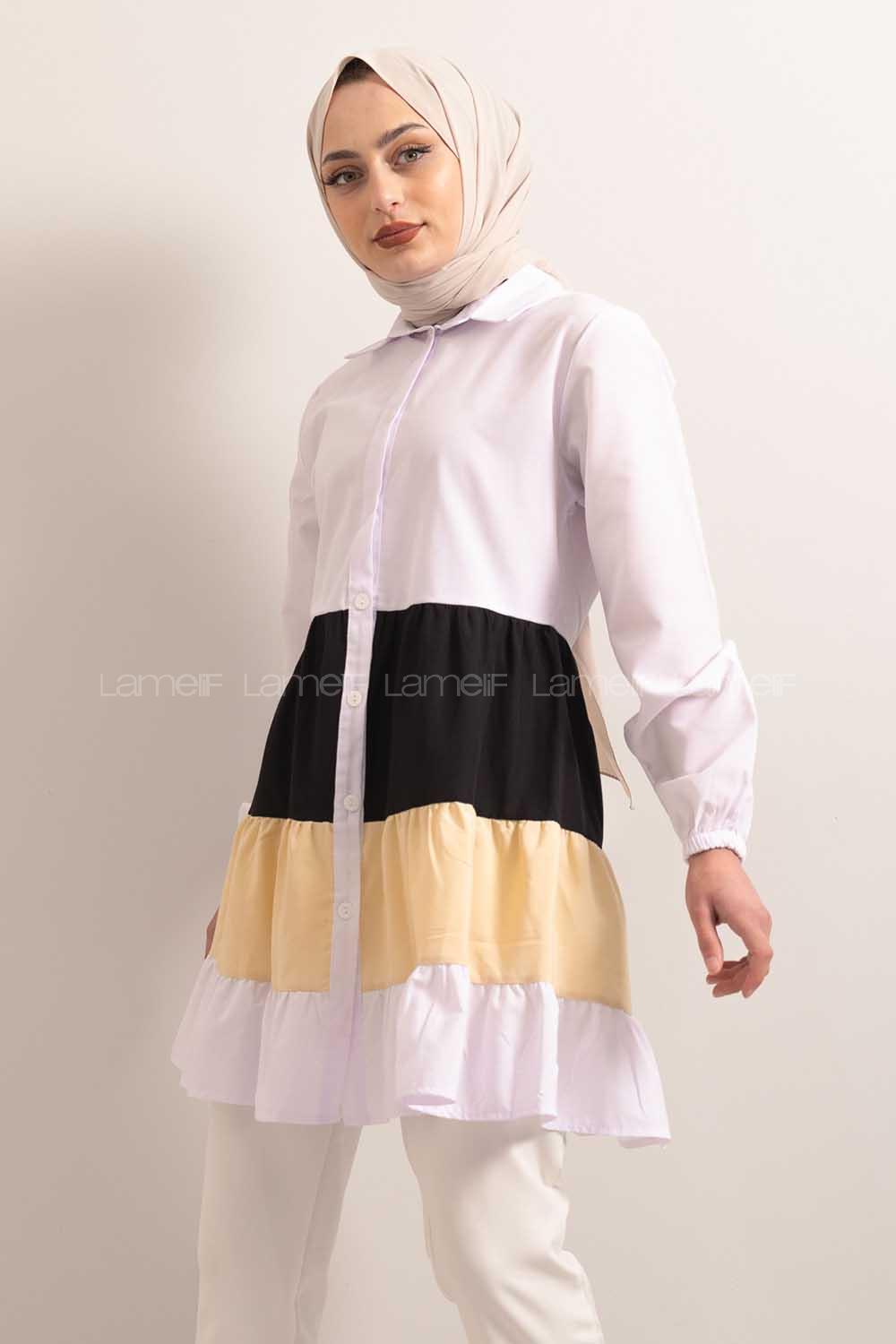 Modalamelif  Önü Düğmeli Renk Garnili Tunik Ekru