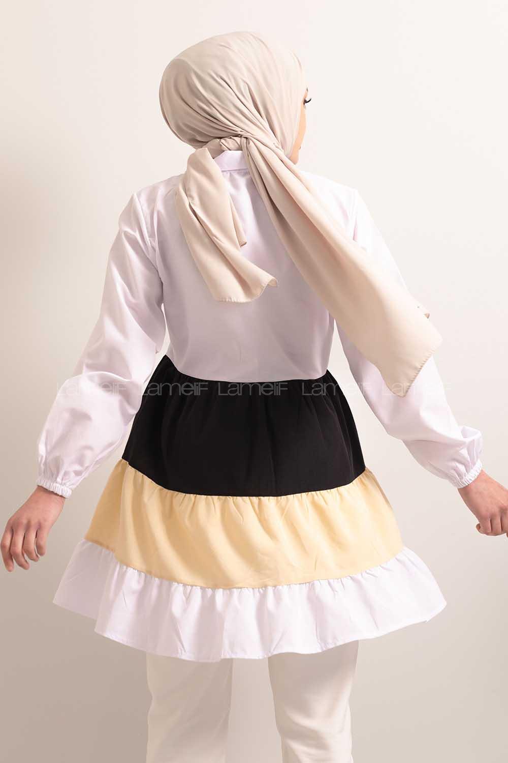 Modalamelif  Önü Düğmeli Renk Garnili Tunik Ekru