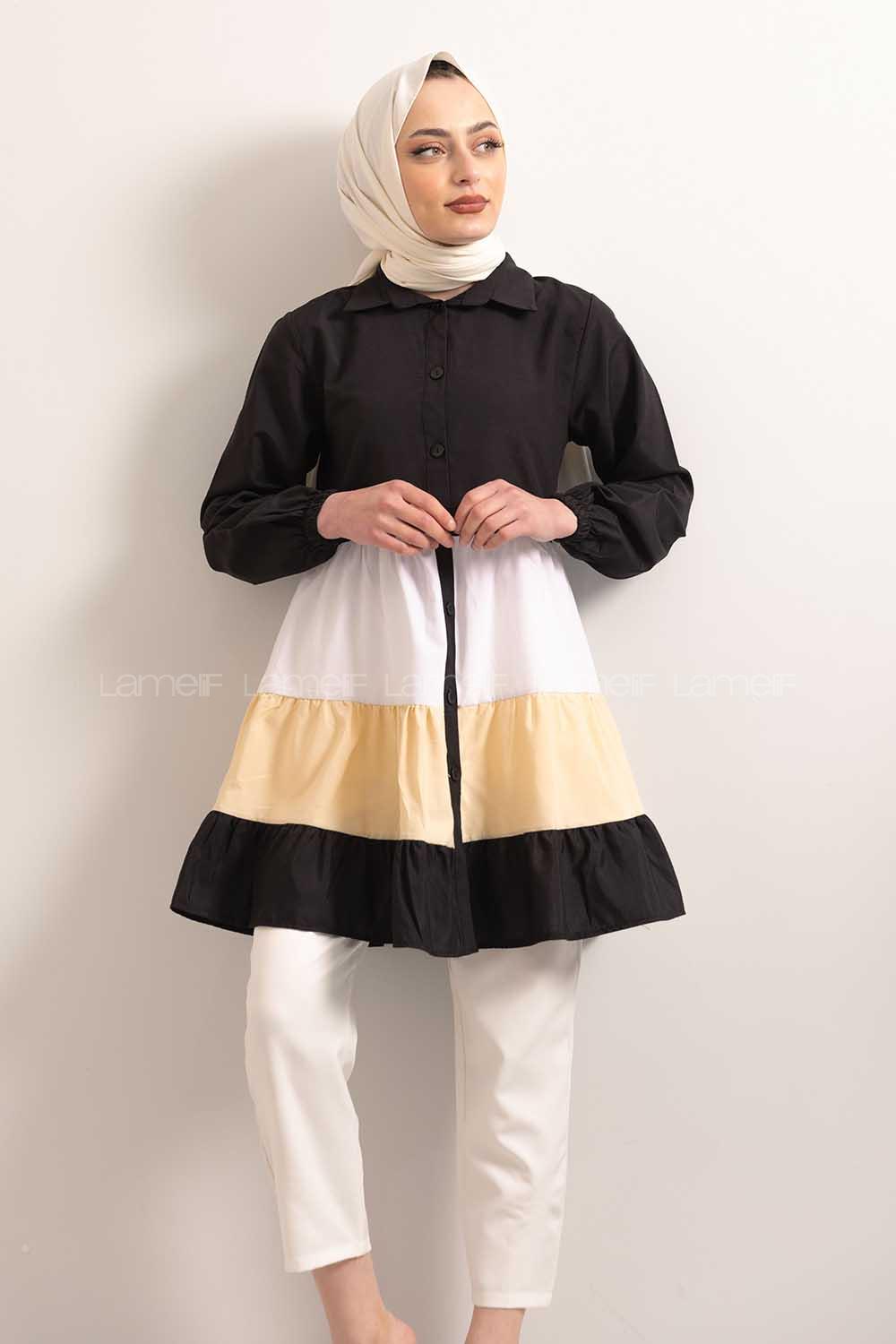 Modalamelif  Önü Düğmeli Renk Garnili Tunik Siyah