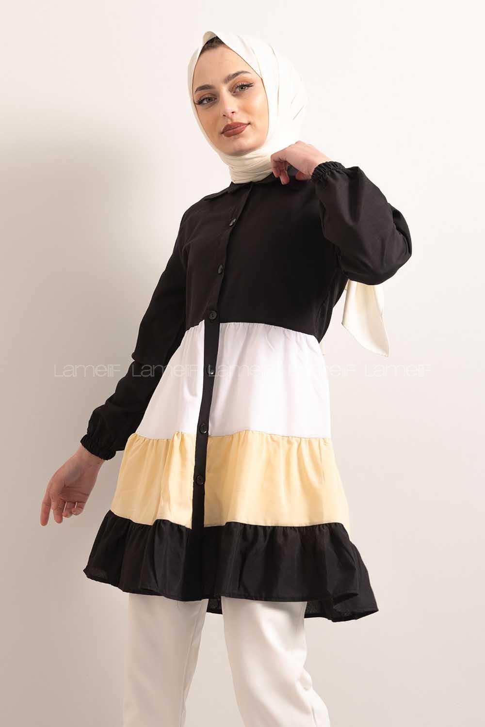 Modalamelif  Önü Düğmeli Renk Garnili Tunik Siyah