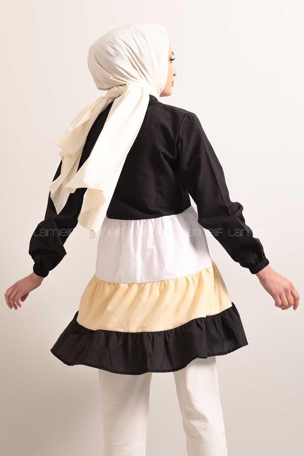 Modalamelif  Önü Düğmeli Renk Garnili Tunik Siyah