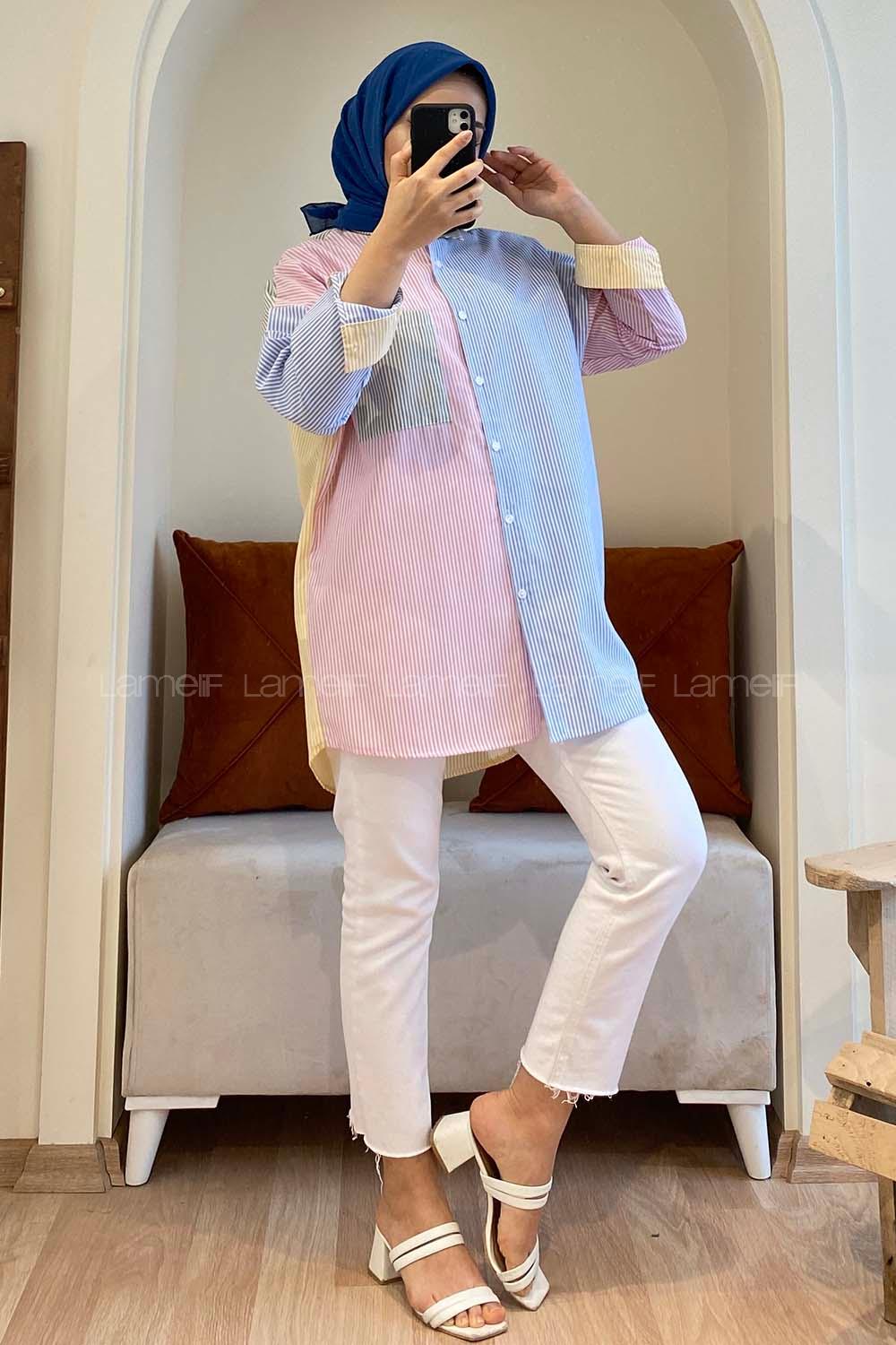 Modalamelif Renk Garnili Çizgili Gömlek Yeşil Pudra