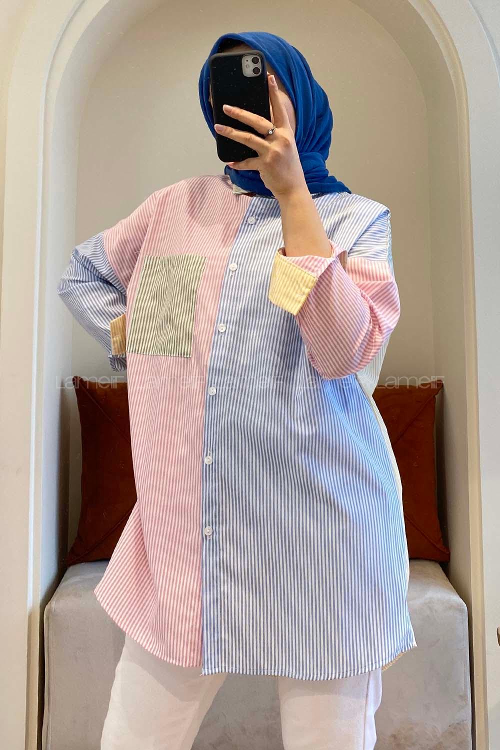 Modalamelif Renk Garnili Çizgili Gömlek Yeşil Pudra