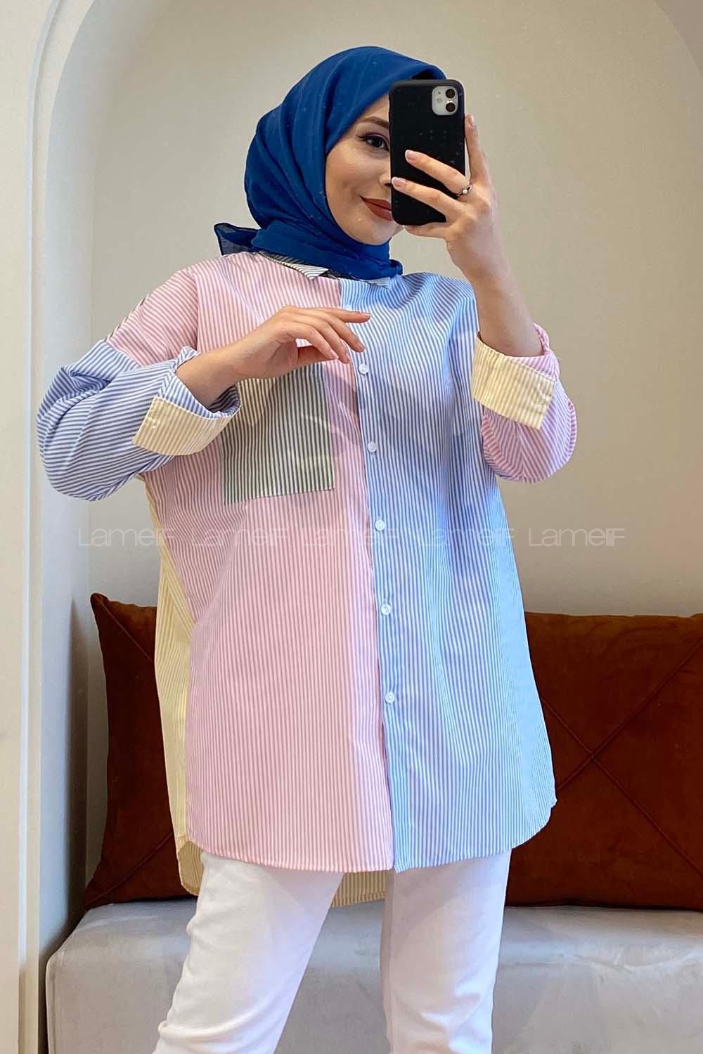 Modalamelif Renk Garnili Çizgili Gömlek Yeşil Pudra