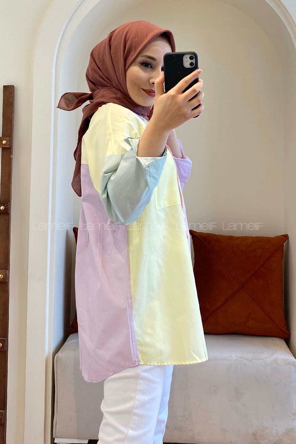 Modalamelif Renk Garnili Gömlek Sarı Pudra