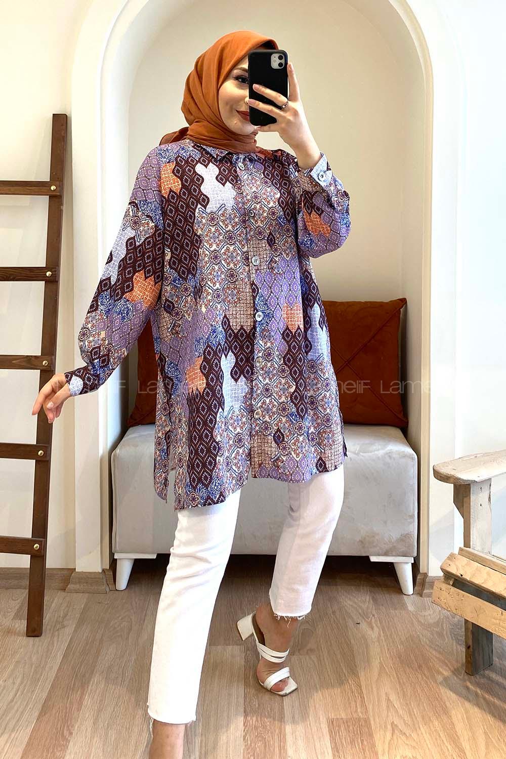 Modalamelif Soyut Desen Dijital Baskı Gömlek Lila