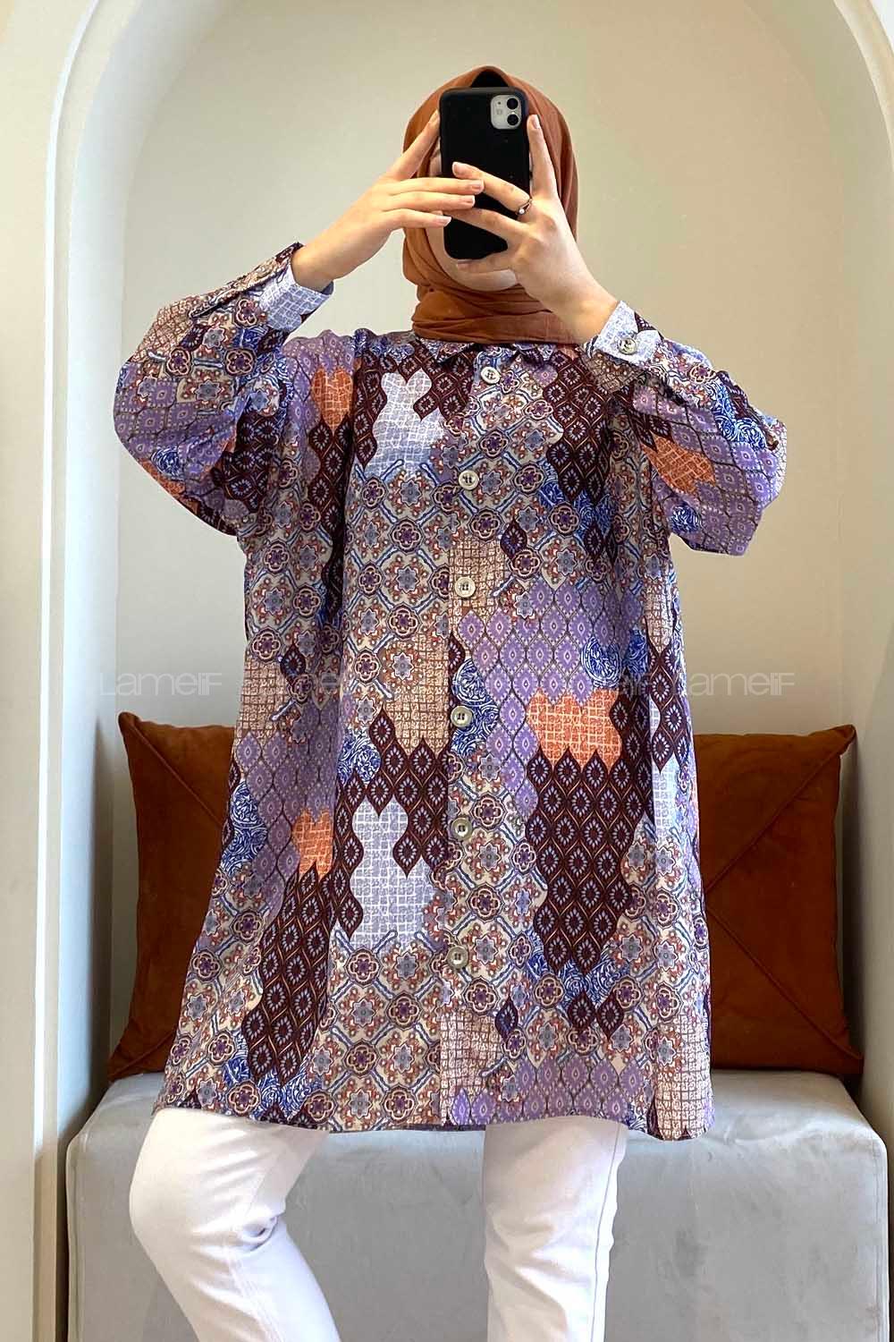 Modalamelif Soyut Desen Dijital Baskı Gömlek Lila