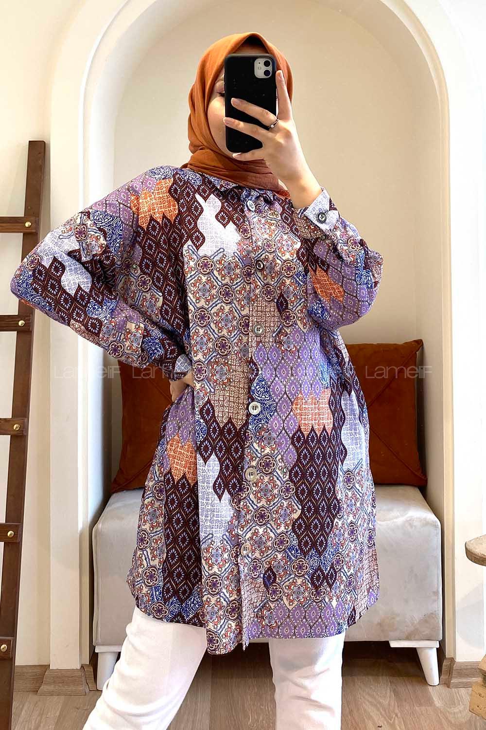 Modalamelif Soyut Desen Dijital Baskı Gömlek Lila