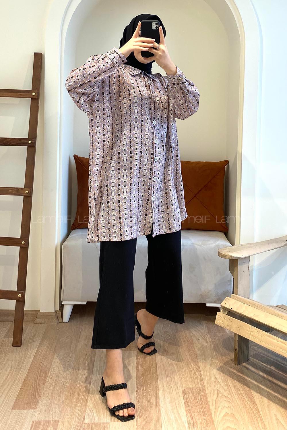 Modalamelif Soyut  Desen Dijital Baskı Gömlek Lila