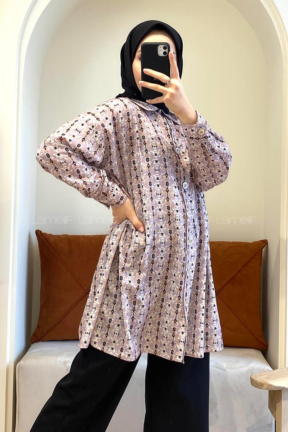 Modalamelif Soyut  Desen Dijital Baskı Gömlek Lila