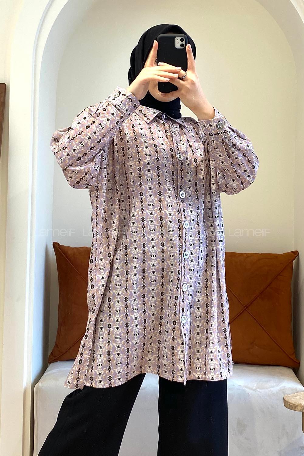 Modalamelif Soyut  Desen Dijital Baskı Gömlek Lila