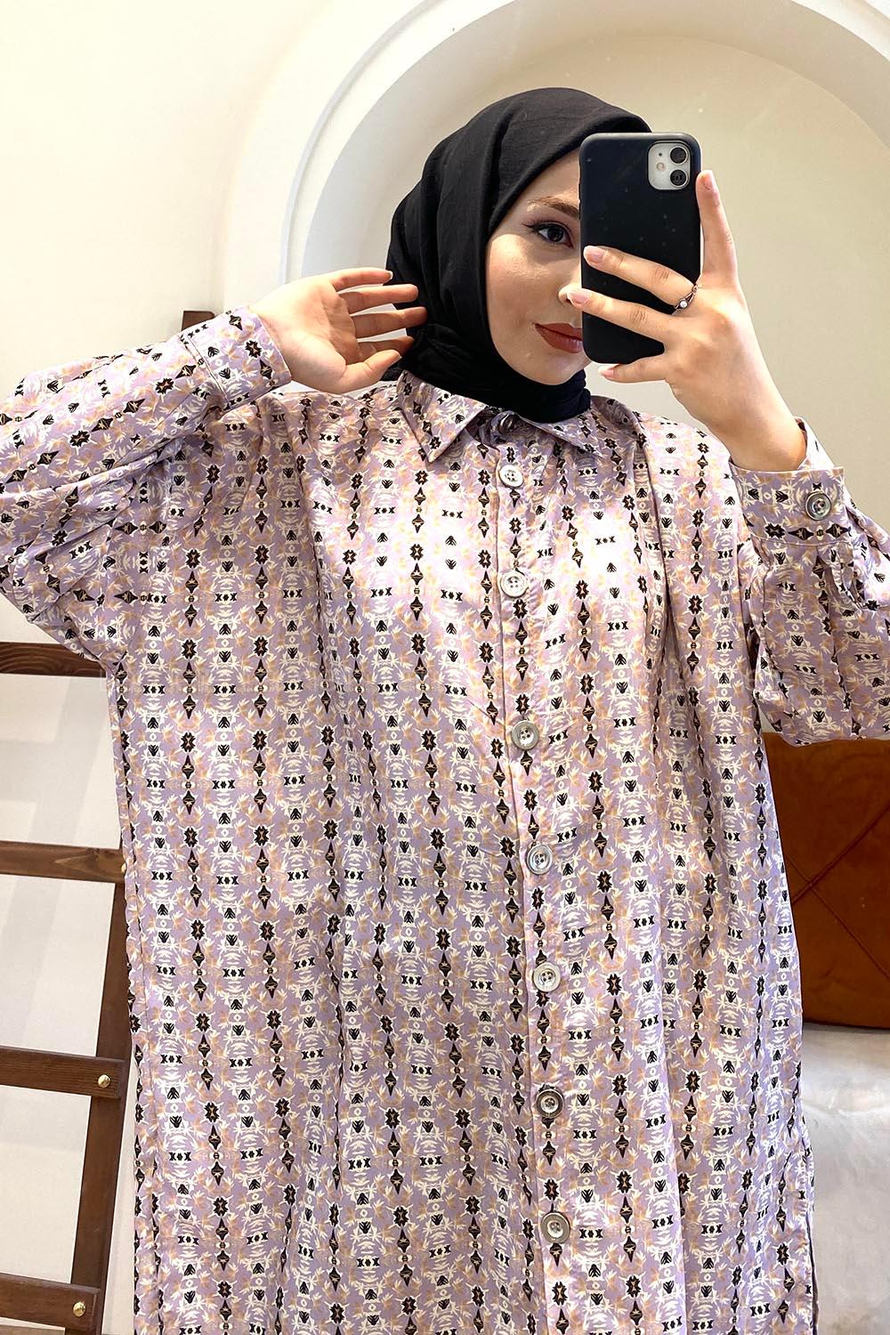 Modalamelif Soyut  Desen Dijital Baskı Gömlek Lila