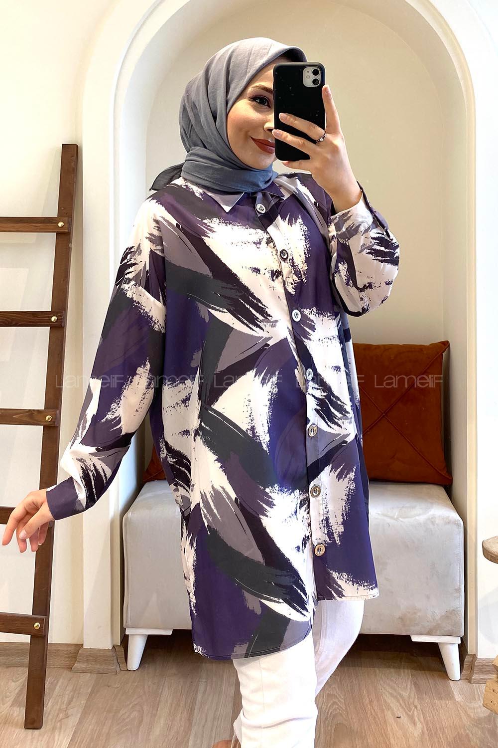 Dijital Baskı Gömlek Mor