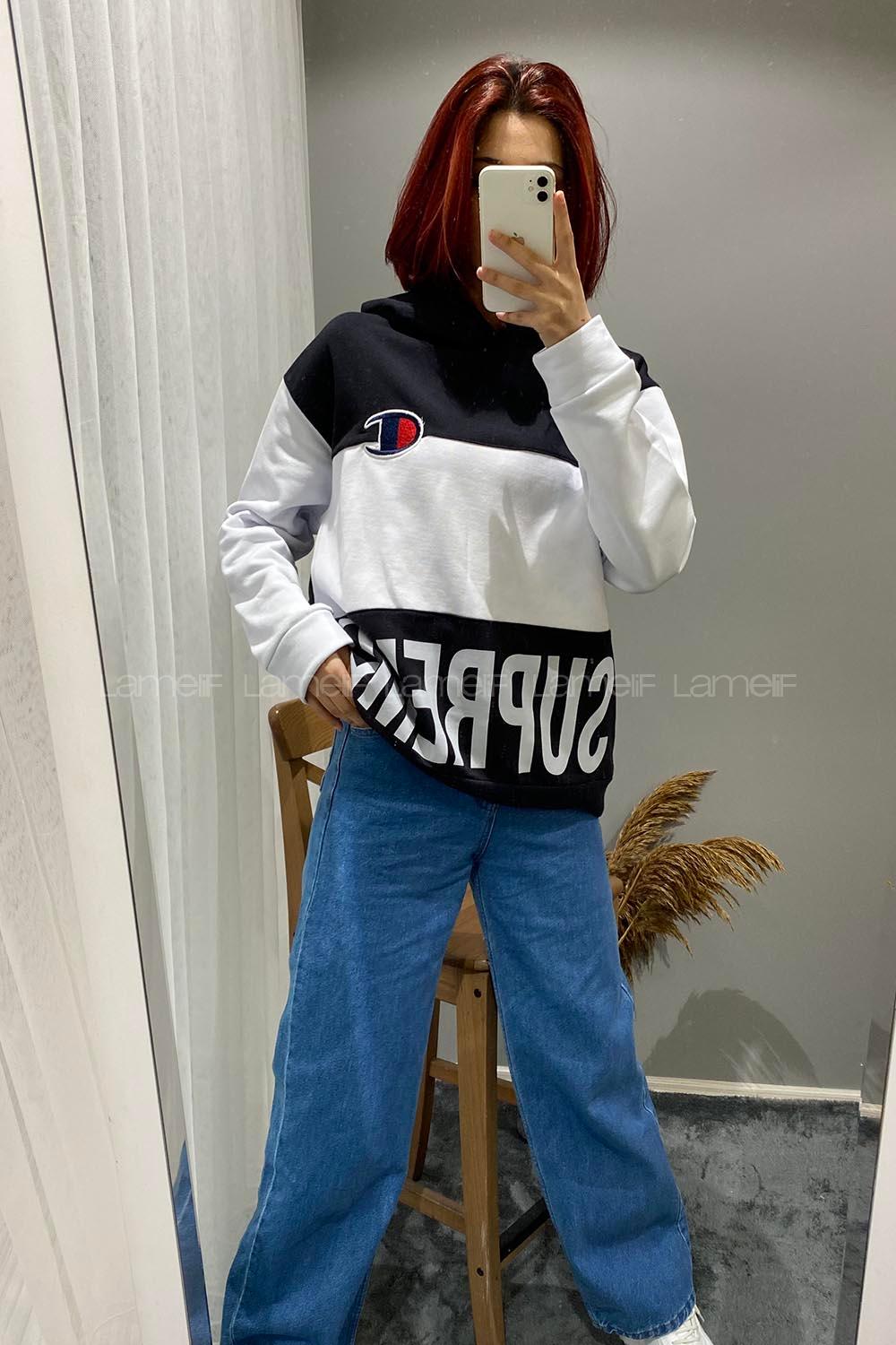 Modalamelif Supreme Yazı Baskılı Kapşonlu Sweatshirt Siyah