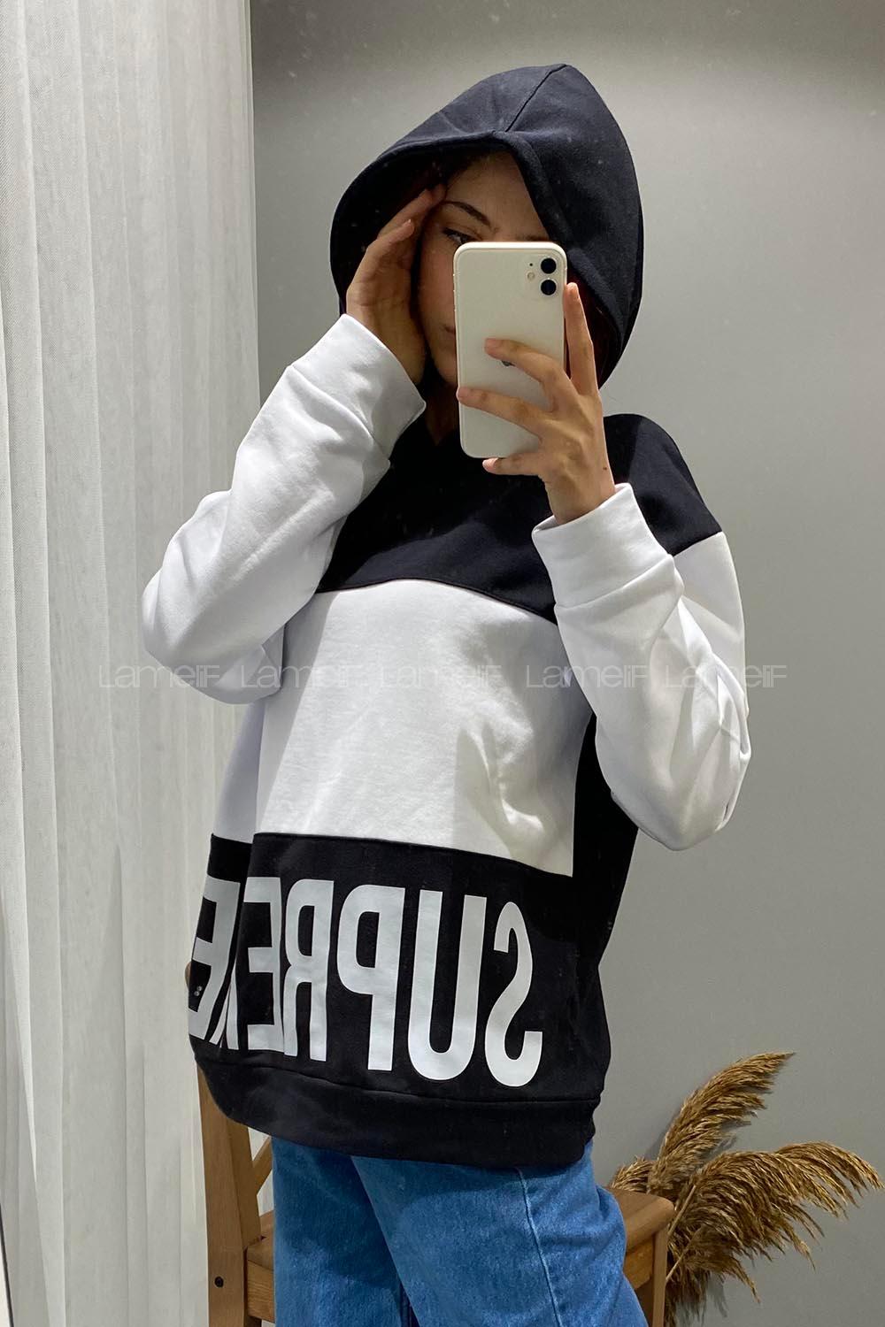 Modalamelif Supreme Yazı Baskılı Kapşonlu Sweatshirt Siyah