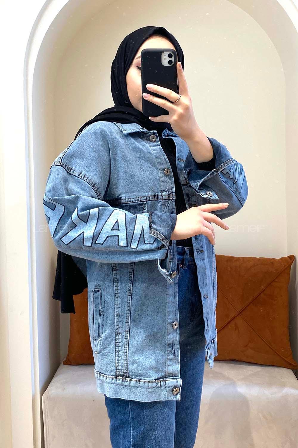 Modalamelif Yıkamalı Kol Baskılı Ceket Açık Mavi