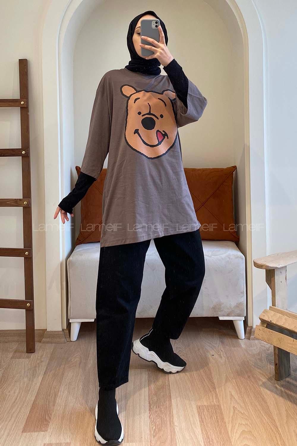Modalamelif Bear Baskılı Oversize T-Shirt Acı Kahve