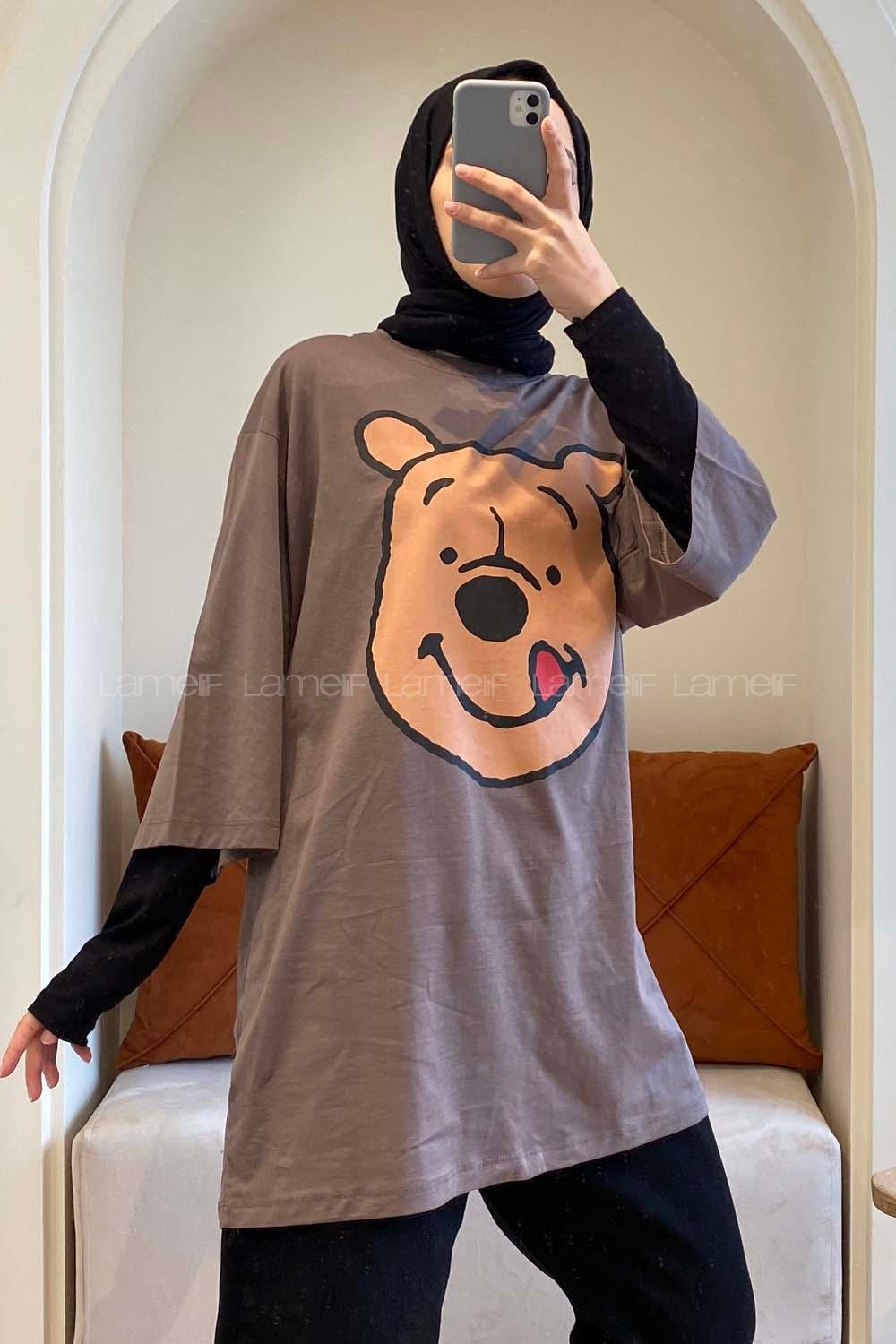 Modalamelif Bear Baskılı Oversize T-Shirt Acı Kahve