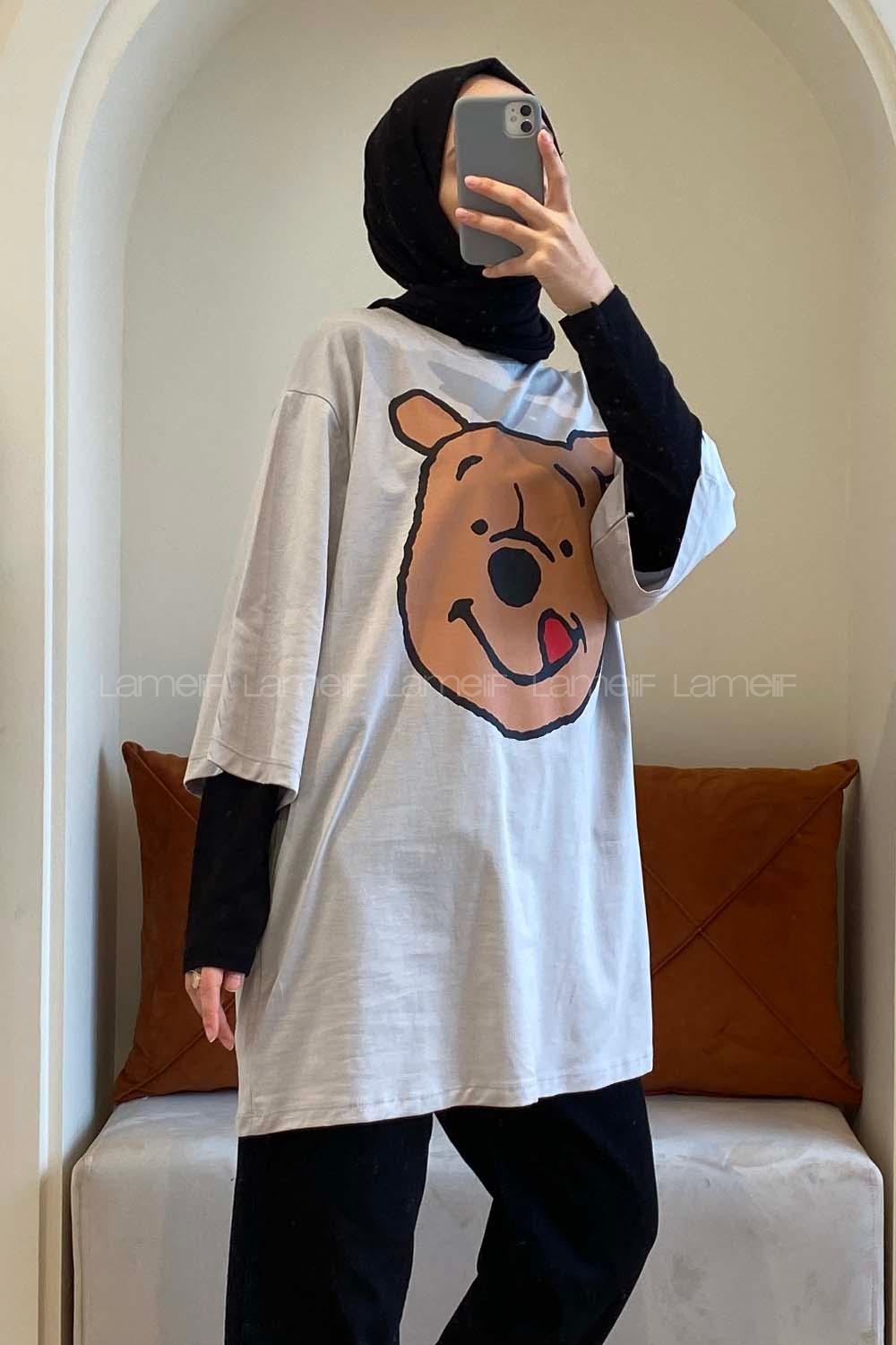 Modalamelif Bear Baskılı Oversize T-Shirt Gri
