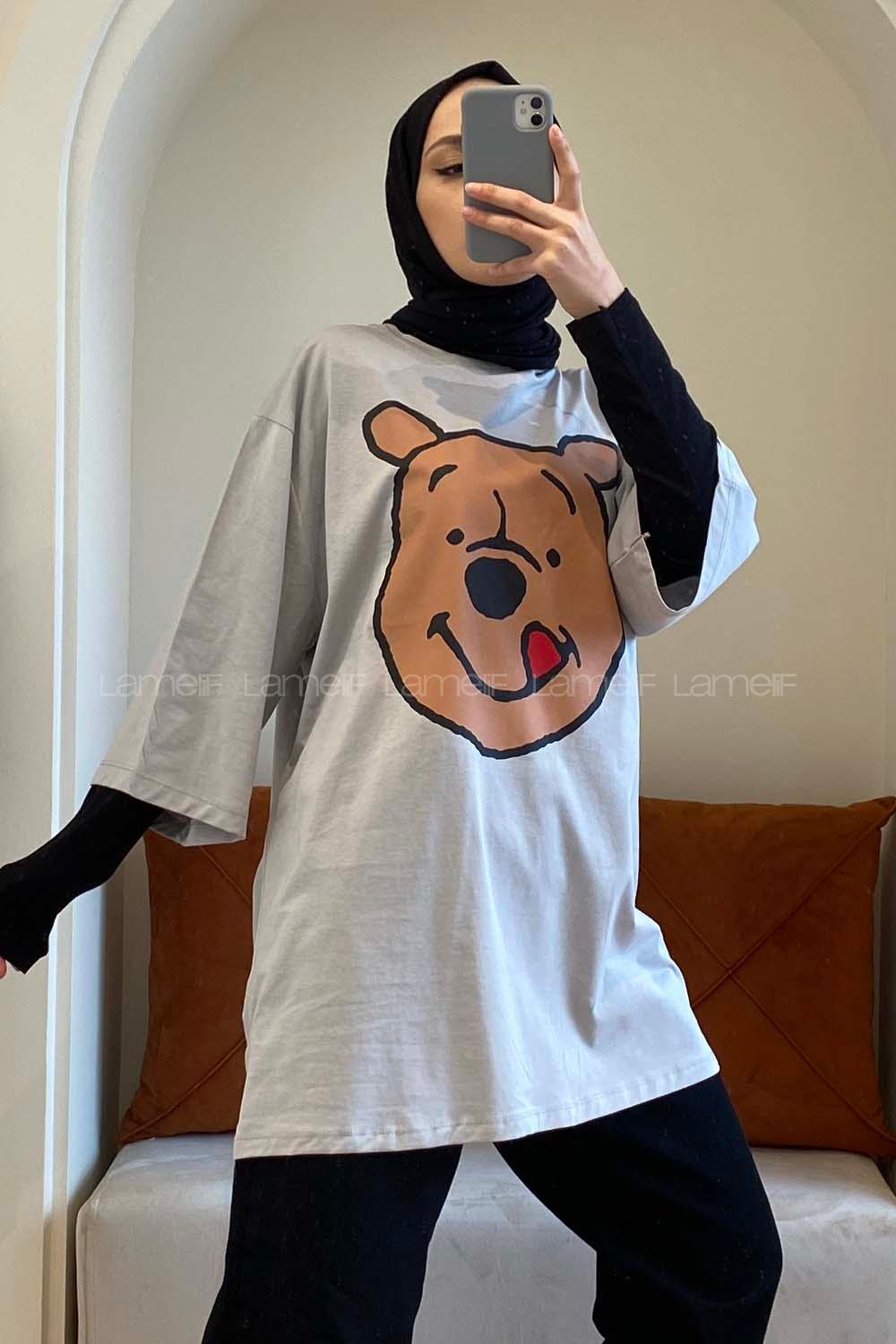 Modalamelif Bear Baskılı Oversize T-Shirt Gri