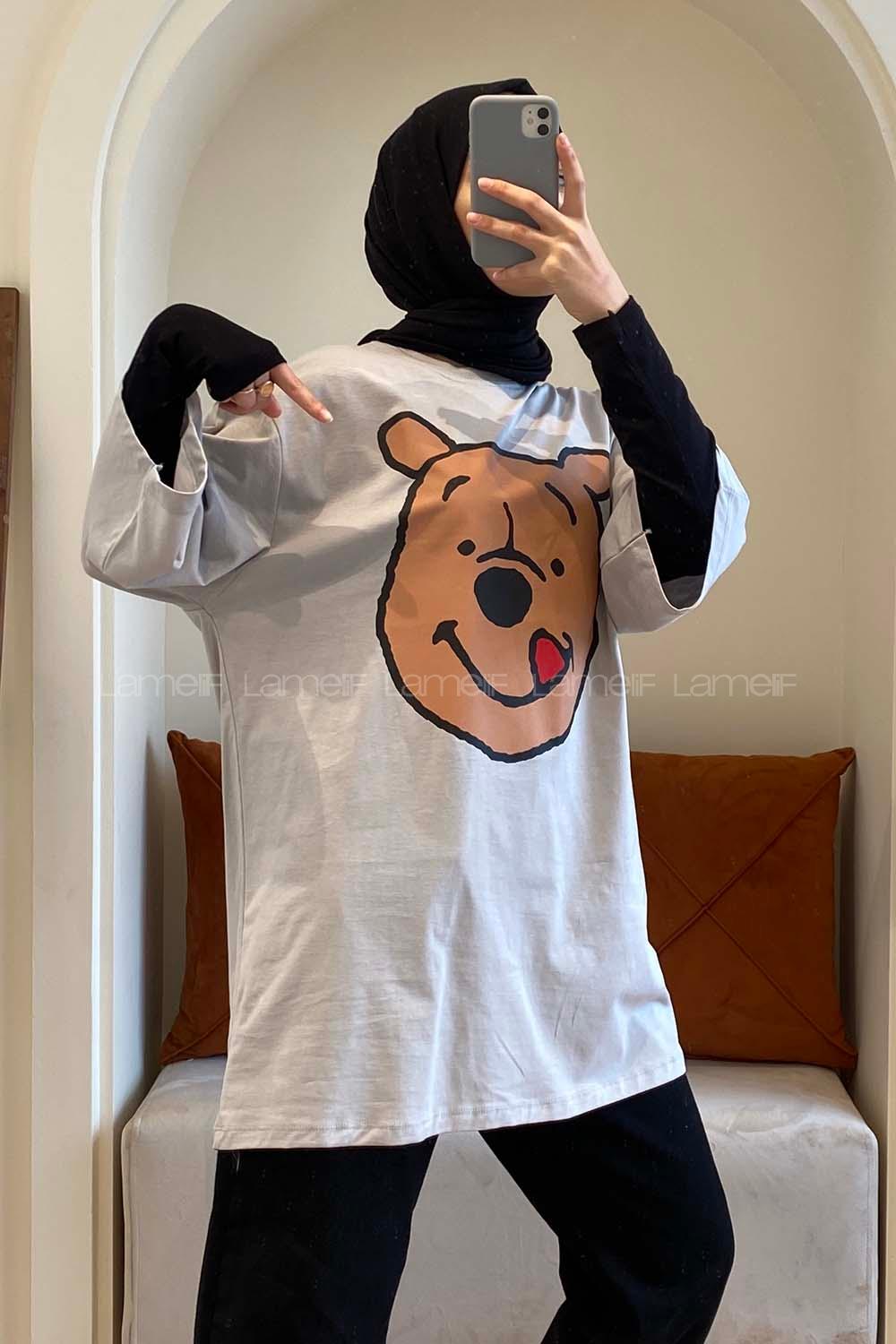 Modalamelif Bear Baskılı Oversize T-Shirt Gri