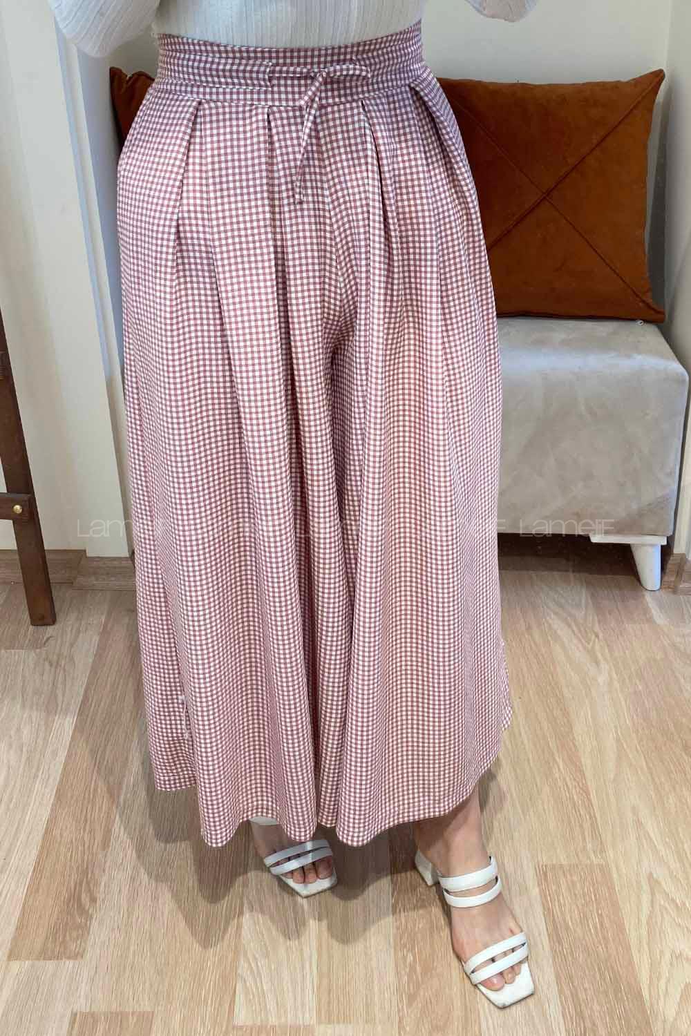 Modalamelif Bel Lastikli Pötikare Etek Pantolon Gül