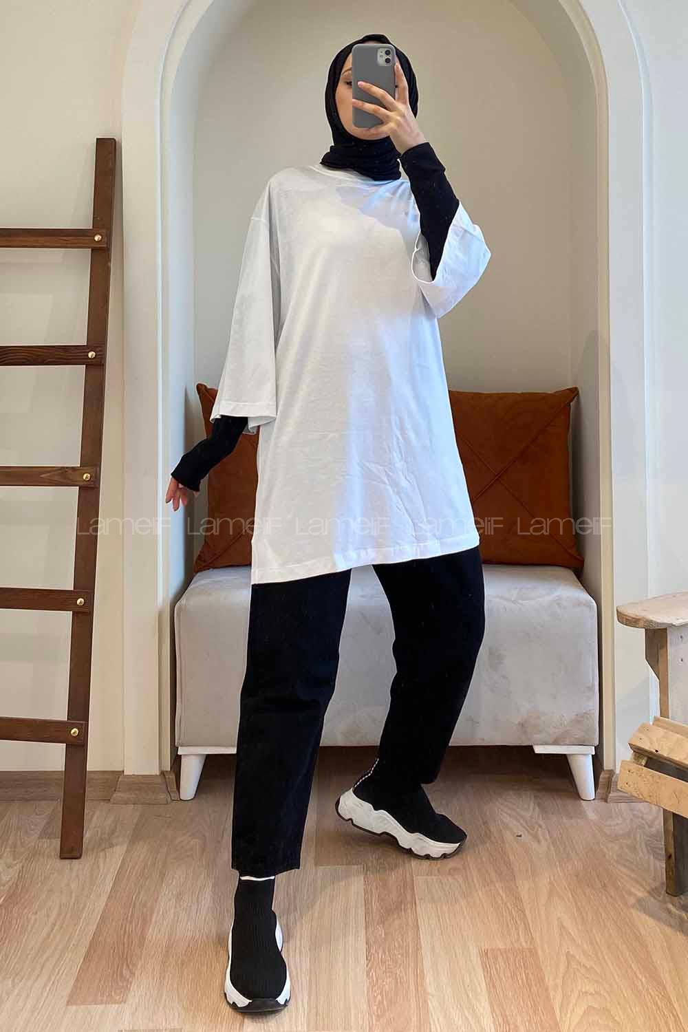 Modalamelif Bisiklet Yaka Oversize T-Shirt Beyaz