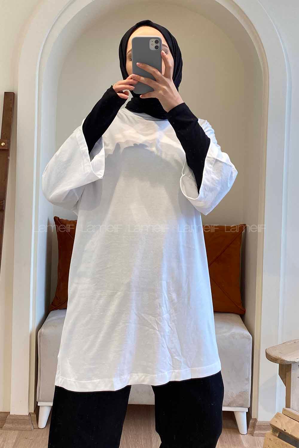 Modalamelif Bisiklet Yaka Oversize T-Shirt Beyaz