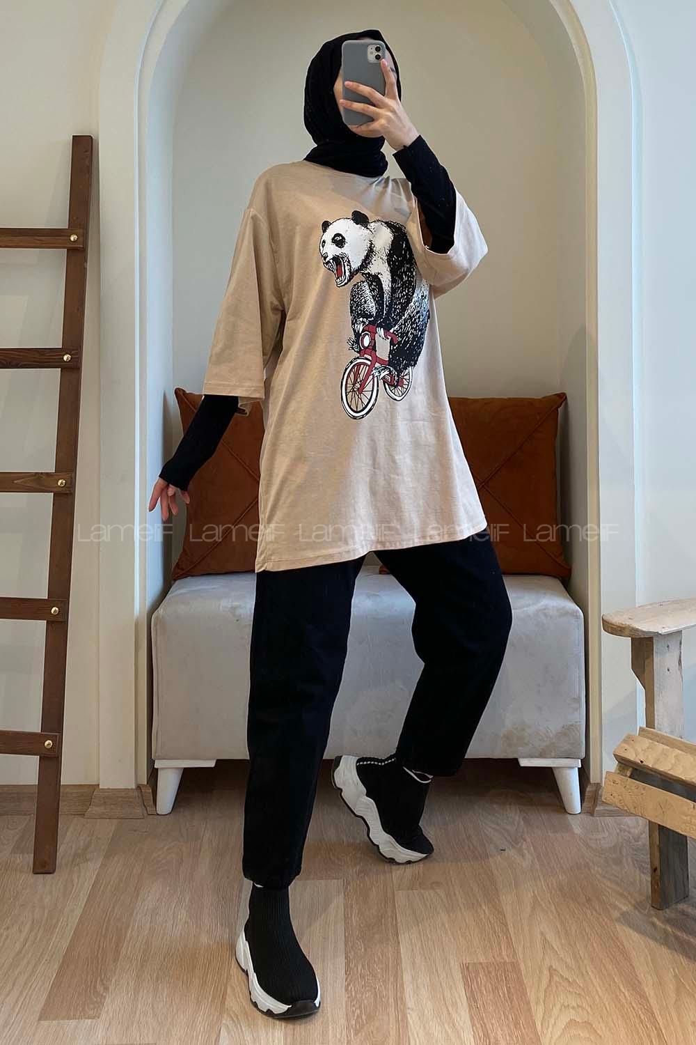 Modalamelif Bisikletli Ayıcık Oversize T-Shirt Bej