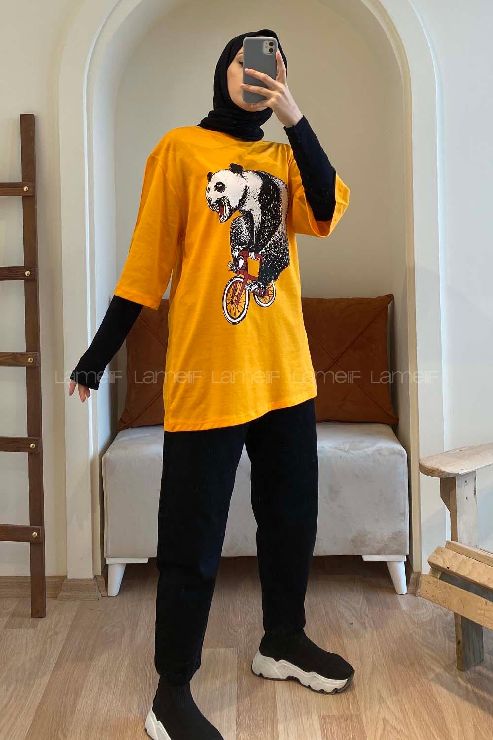 Modalamelif Bisikletli Ayıcık Oversize T-Shirt Oranj