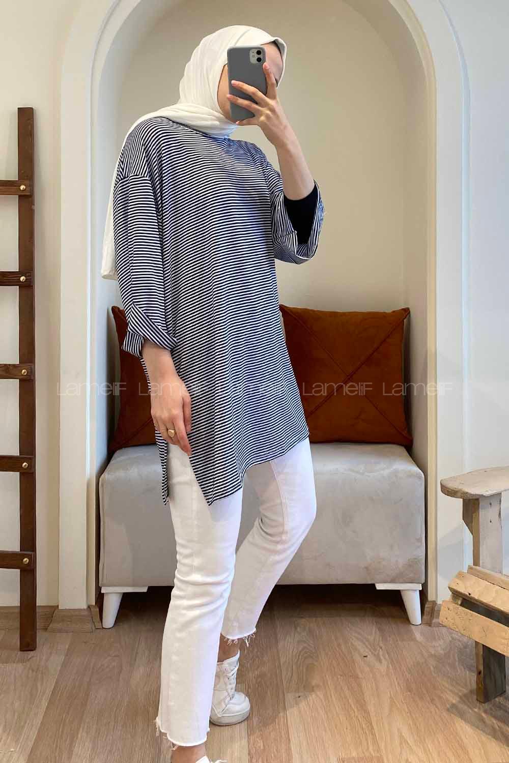 Modalamelif Duble Kol Çizgili T-Shirt Lacivert