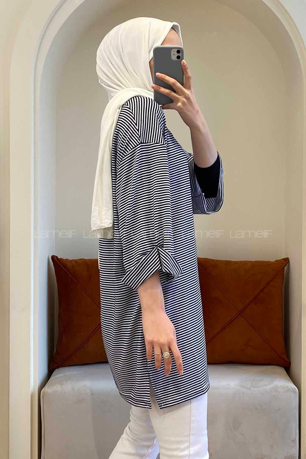 Modalamelif Duble Kol Çizgili T-Shirt Lacivert