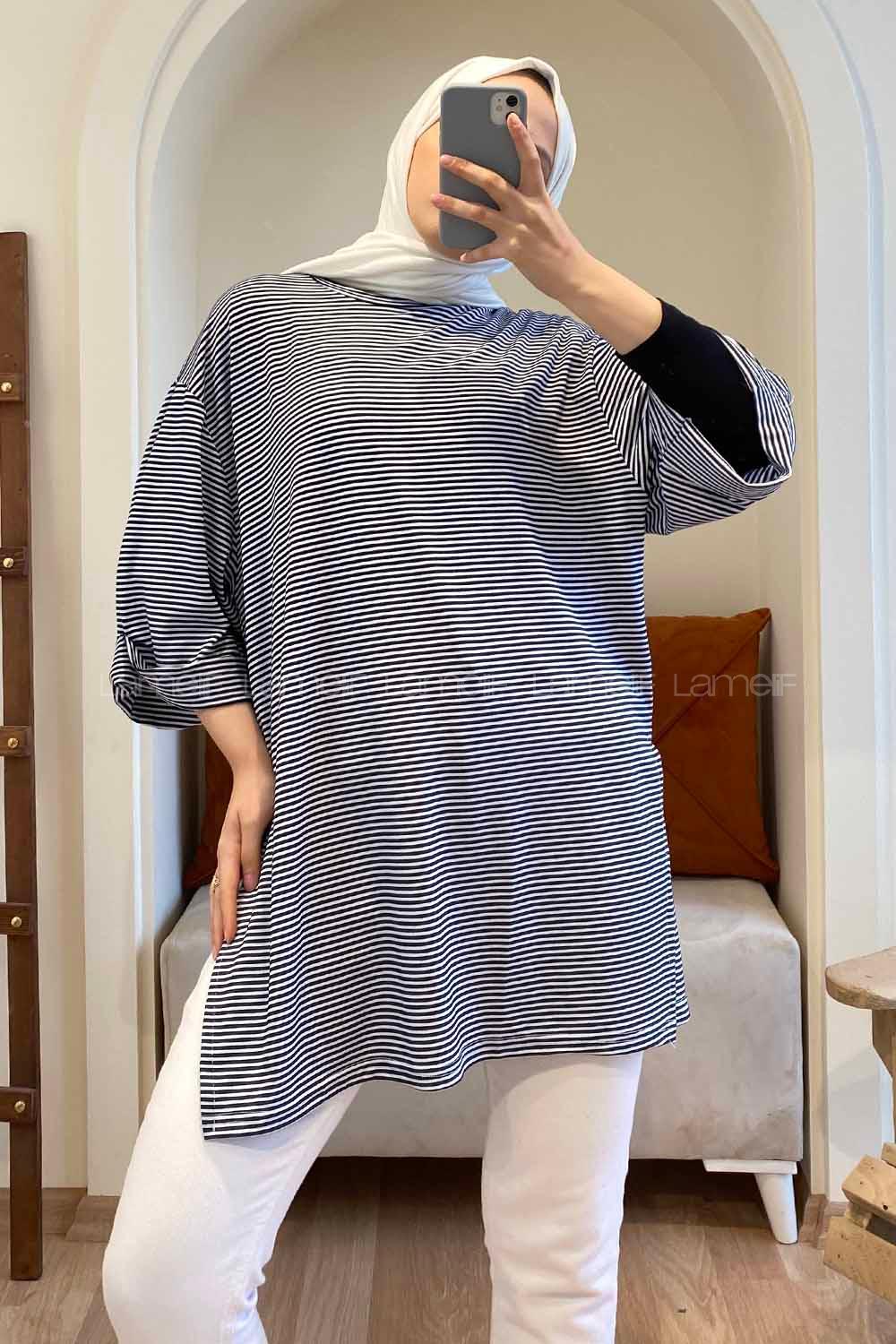 Modalamelif Duble Kol Çizgili T-Shirt Lacivert