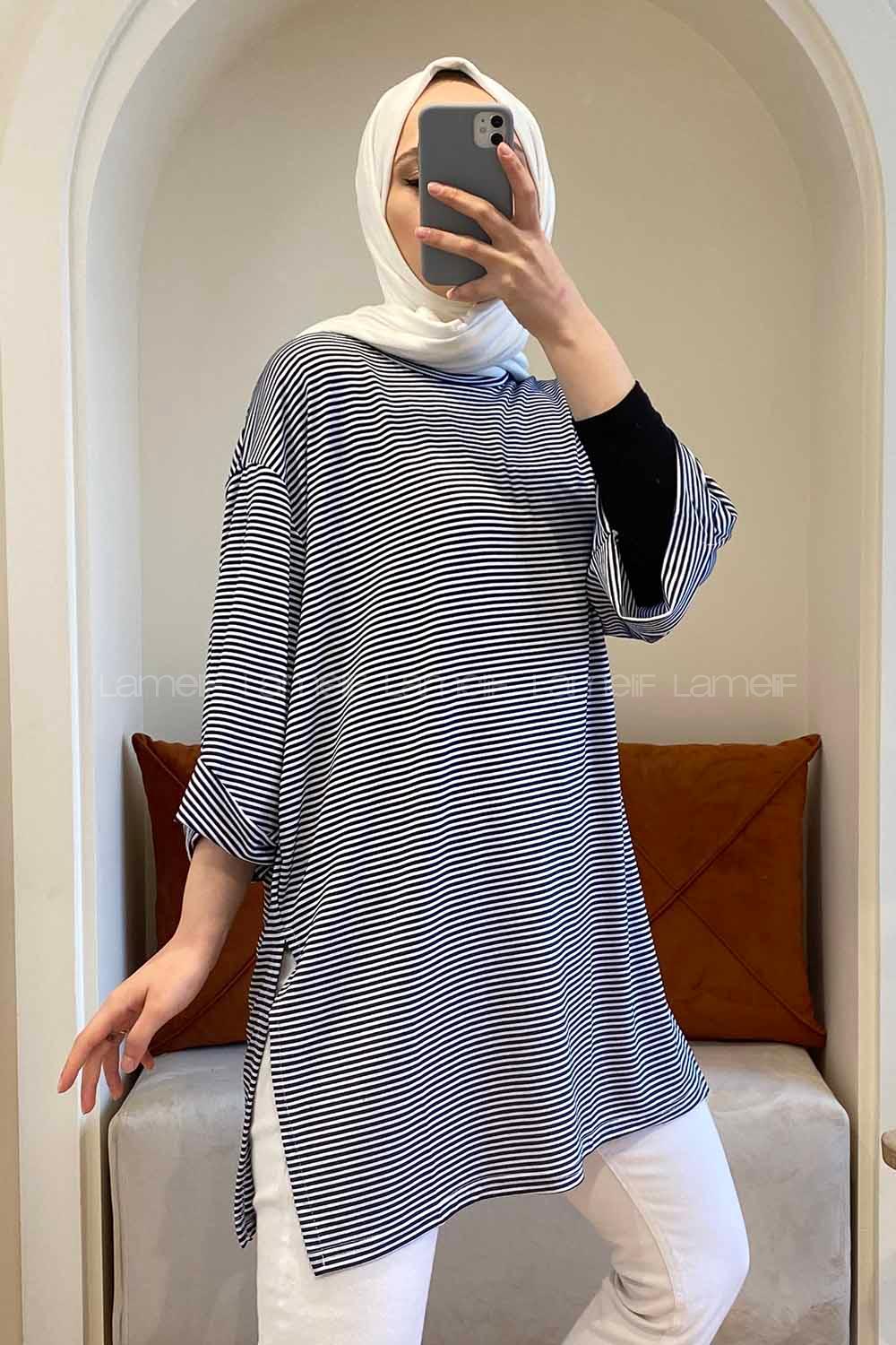 Modalamelif Duble Kol Çizgili T-Shirt Lacivert