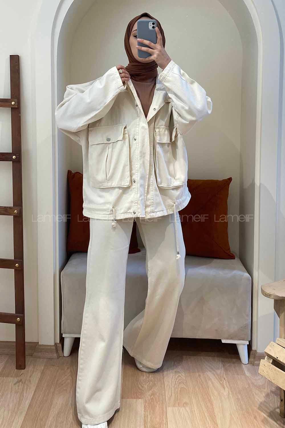 Modalamelif Gizli Fermuarlı Kapşonlu Ceket Taş