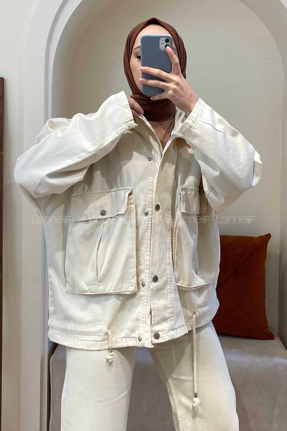 Modalamelif Gizli Fermuarlı Kapşonlu Ceket Taş