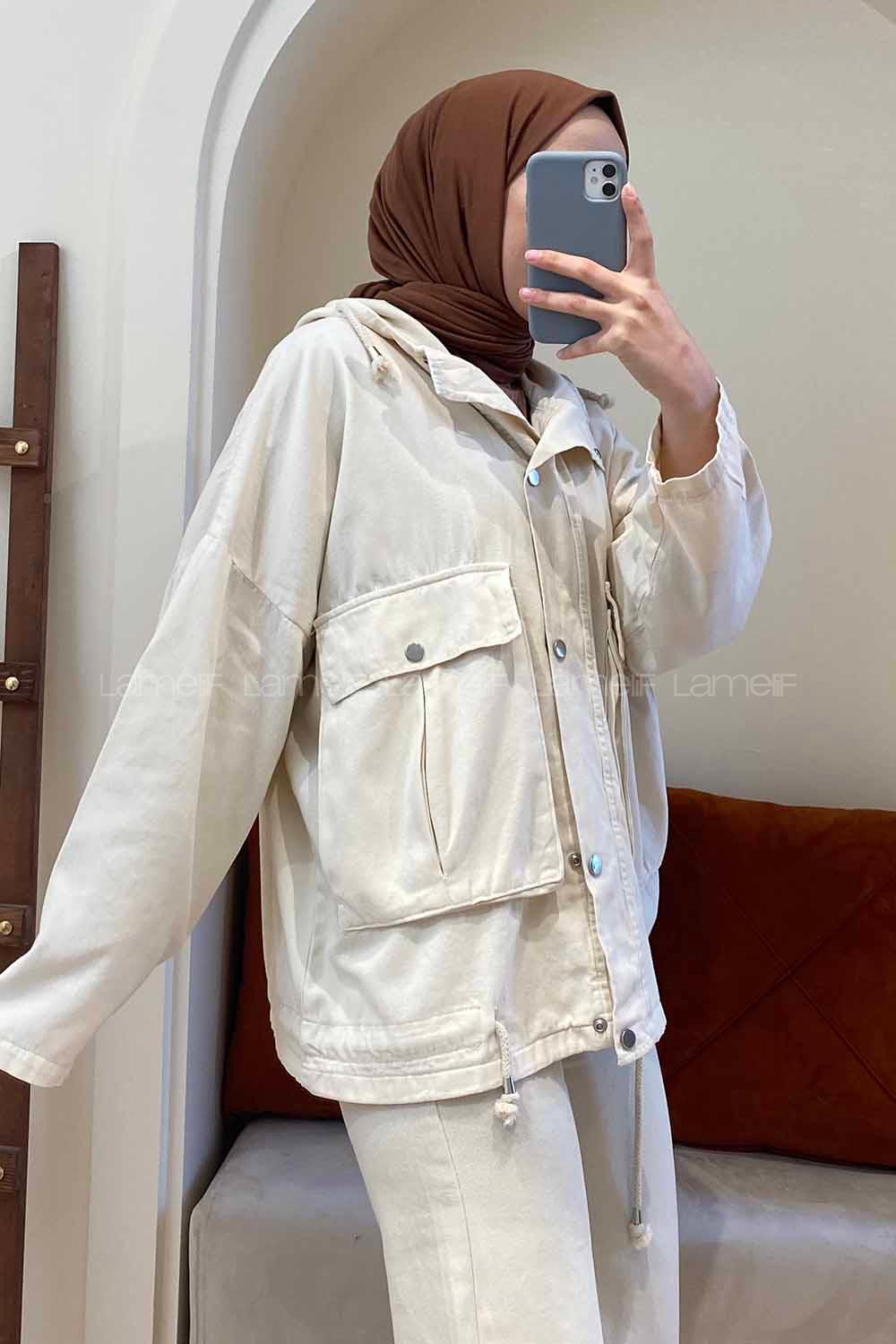 Modalamelif Gizli Fermuarlı Kapşonlu Ceket Taş