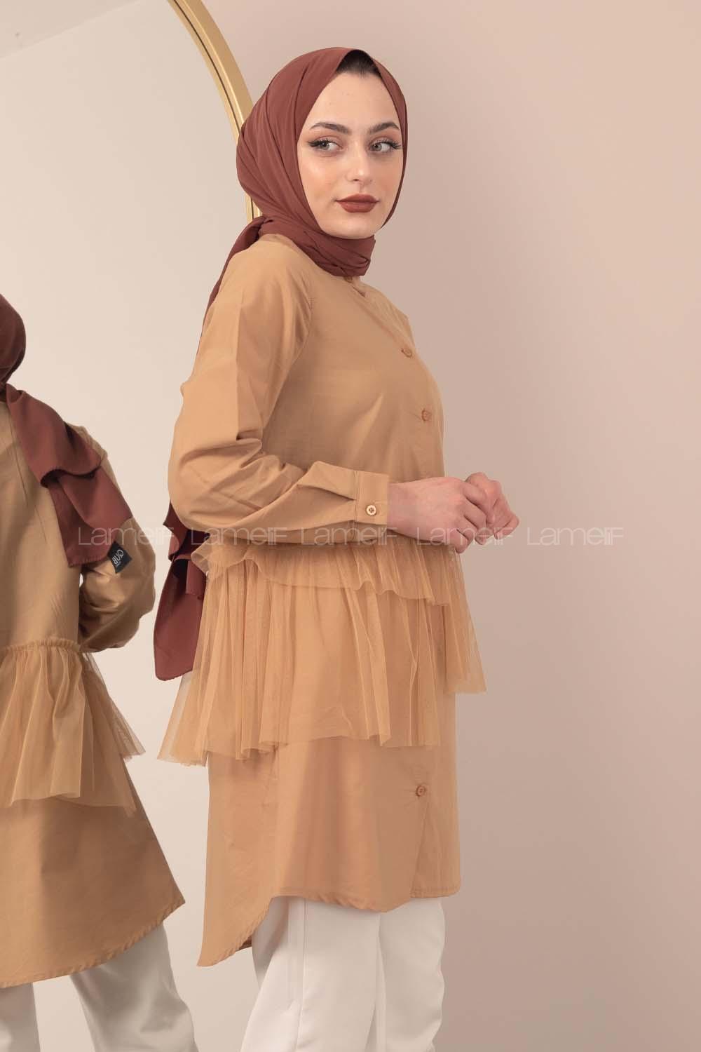 Modalamelif  Hakim Yaka Tül Fırfırlı Tunik Camel