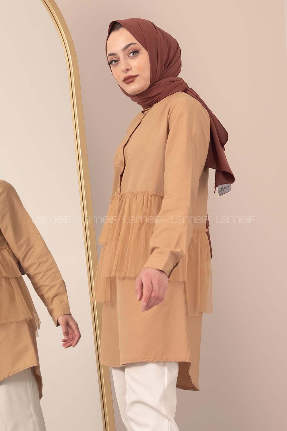 Modalamelif  Hakim Yaka Tül Fırfırlı Tunik Camel