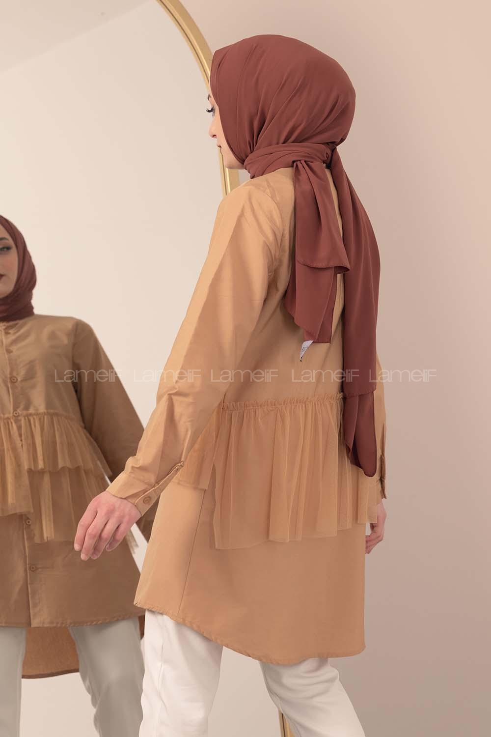 Modalamelif  Hakim Yaka Tül Fırfırlı Tunik Camel