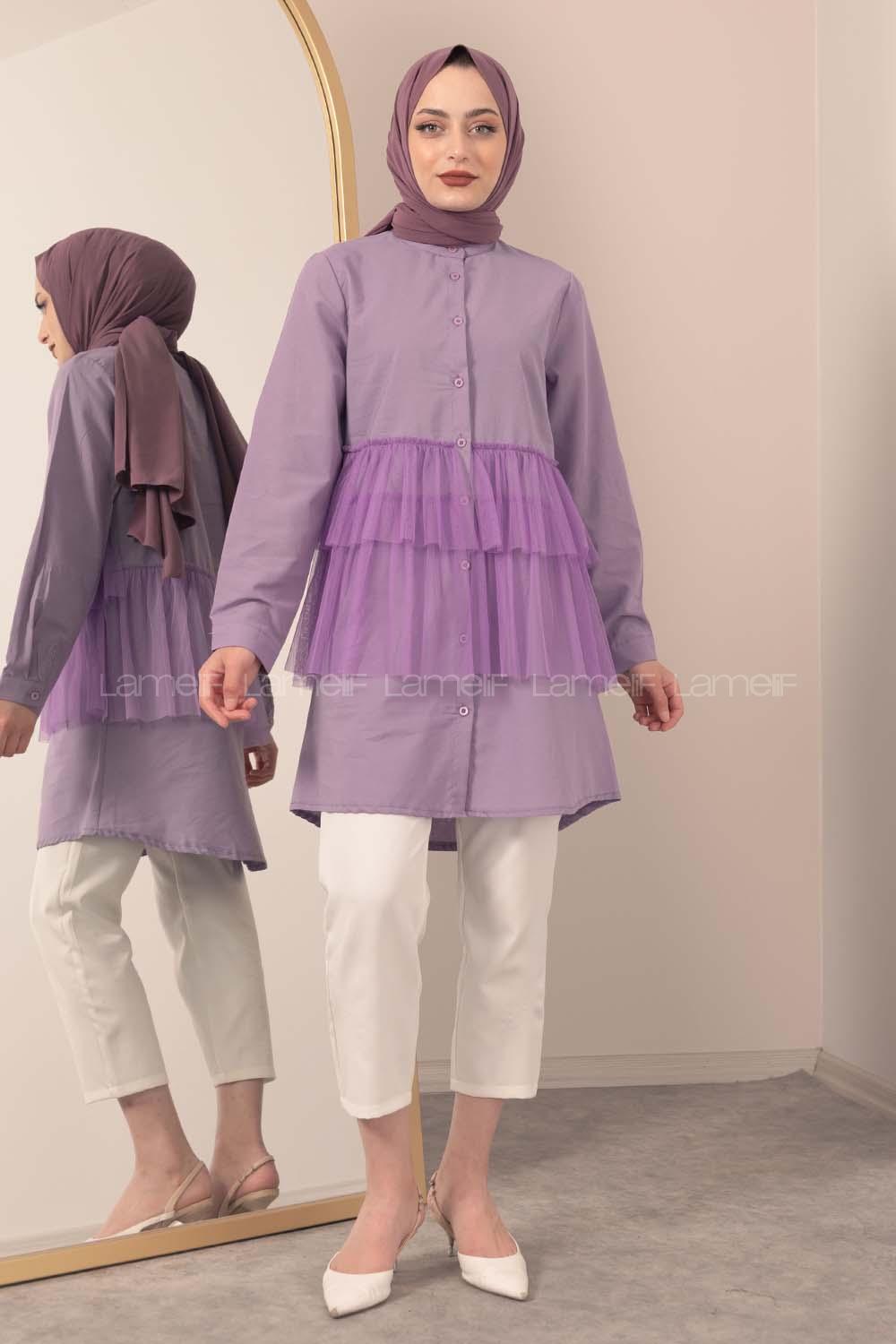 Modalamelif  Hakim Yaka Tül Fırfırlı Tunik Lila
