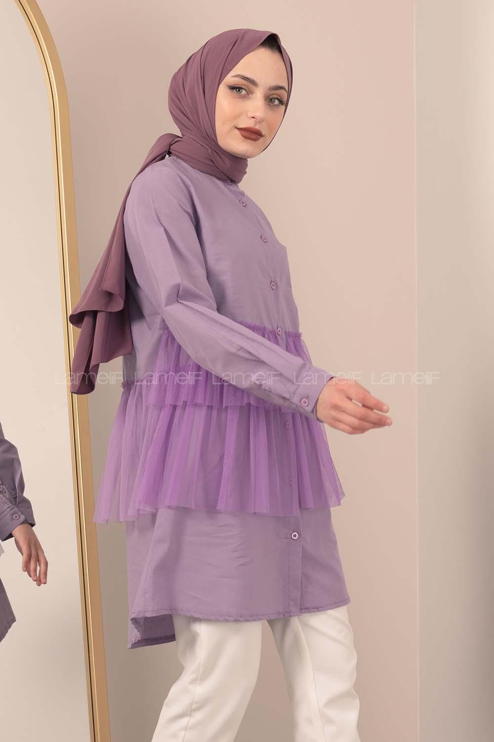 Modalamelif  Hakim Yaka Tül Fırfırlı Tunik Lila