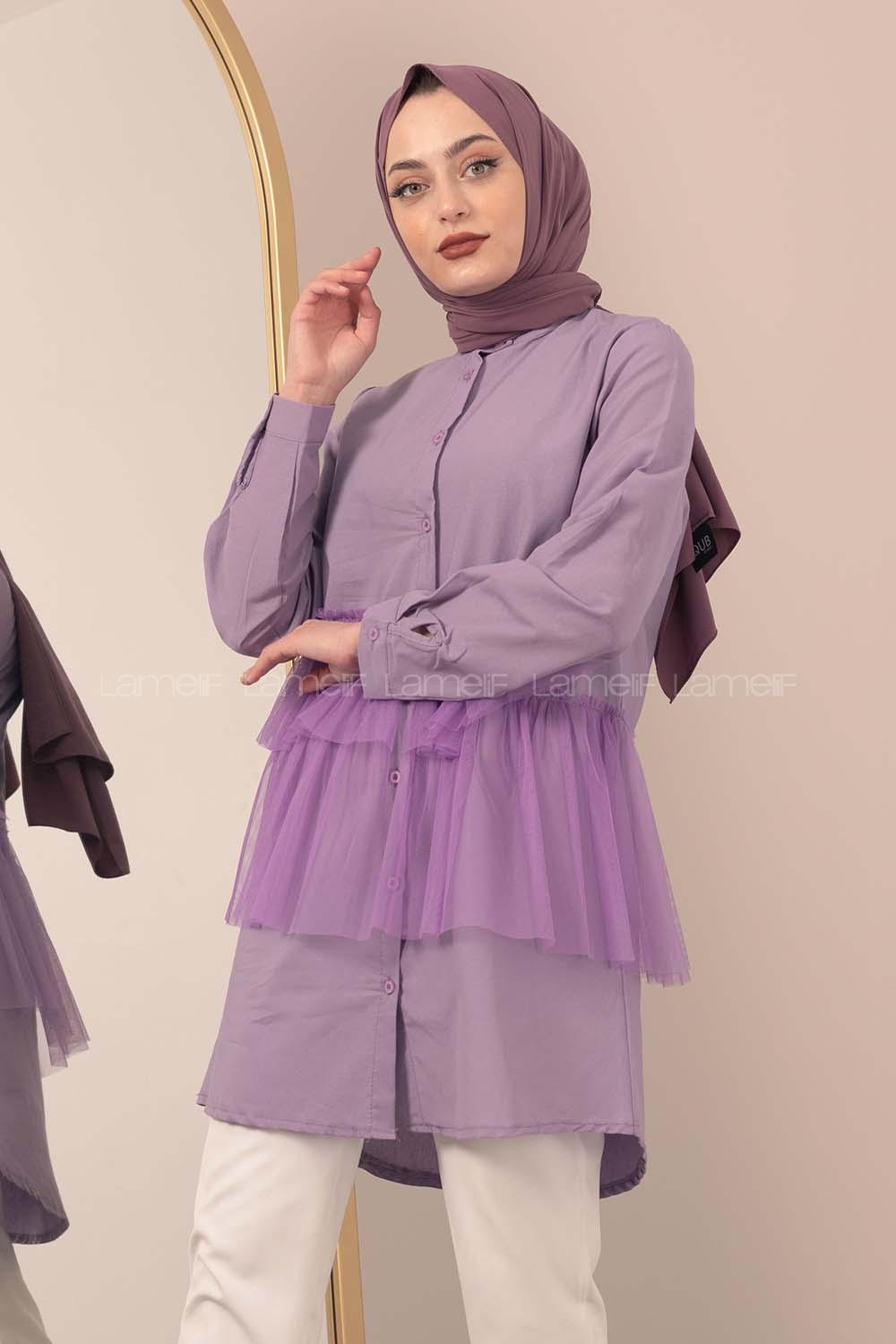 Modalamelif  Hakim Yaka Tül Fırfırlı Tunik Lila