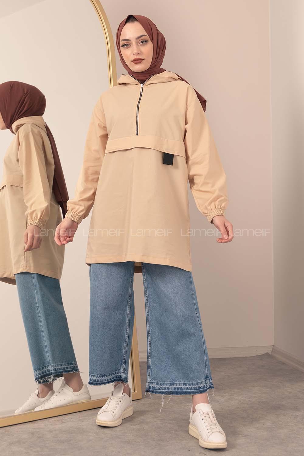 Modalamelif Kanguru Cep Yarım Fermuarlı Tunik Bej